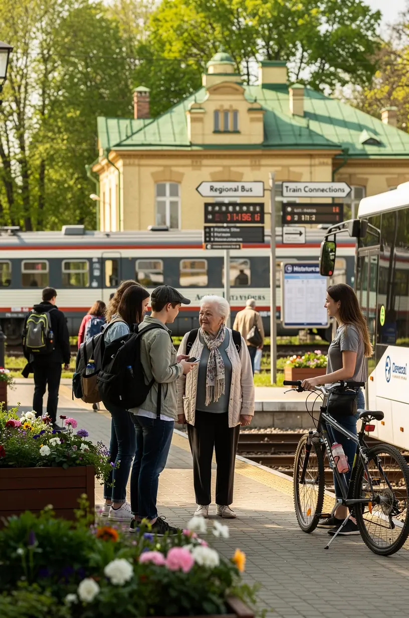 Regioninis autobusas sustoja istoriniame miestelyje, skirtas patogiam pervežimui be asmeninio transporto.